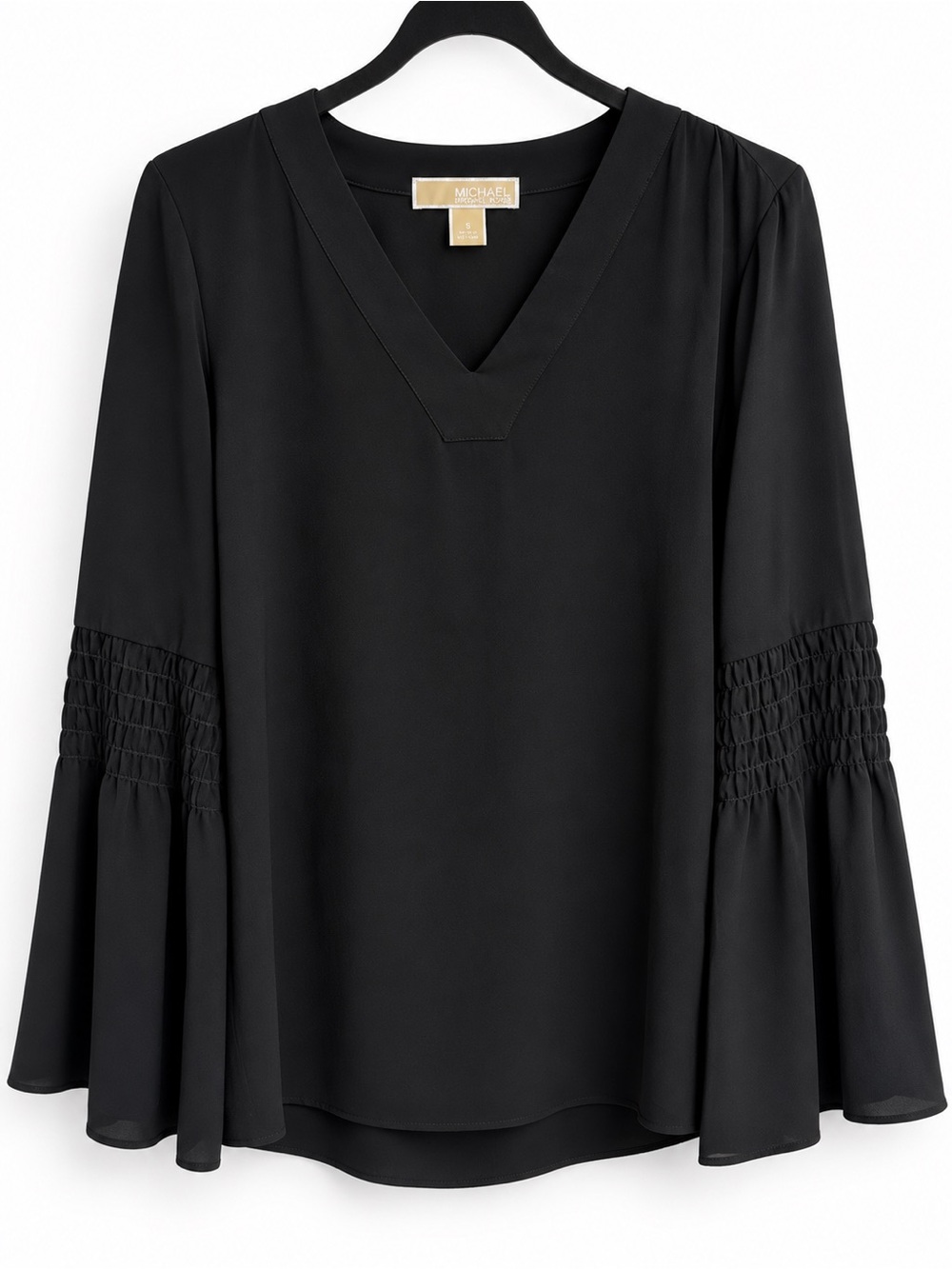 Michael Kors Black V-Neck Bell Sleeve Blouse with Smocked Cuffs